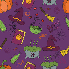 halloween celebration on purple background, vector seamless pattern for halloween celebration in doodle style, color illustration