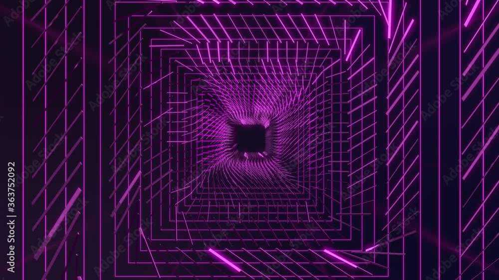 Poster violet background in style of high-tech future. sci-fi square tunnel transformer. abstract pattern o