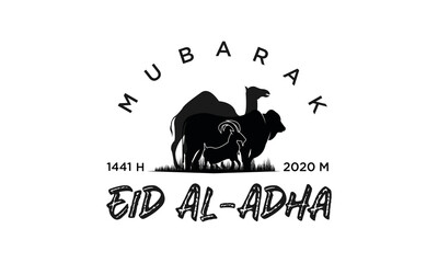 Eid Al Adha Mubarak the celebration of Muslim community festival background design with camel, cow  and goat 