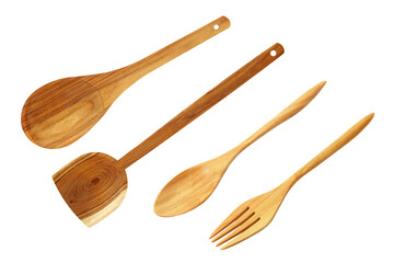 wooden spoons and wooden fork on white
