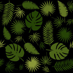 Fototapeta na wymiar pattern with tropical leaves of monstera, palm and bamboo green on a black background, color vector illustration, design, decoration, print, texture, banner