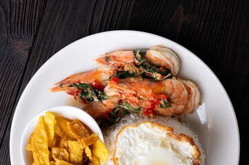 Stir fried Spicy Prawn , Thai Holy Basil With  Steamed Rice And Fried egg