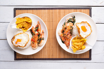 Stir fried Spicy Prawn , Thai Holy Basil With  Steamed Rice And Fried egg
