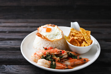 Stir fried Spicy Prawn , Thai Holy Basil With  Steamed Rice And Fried egg