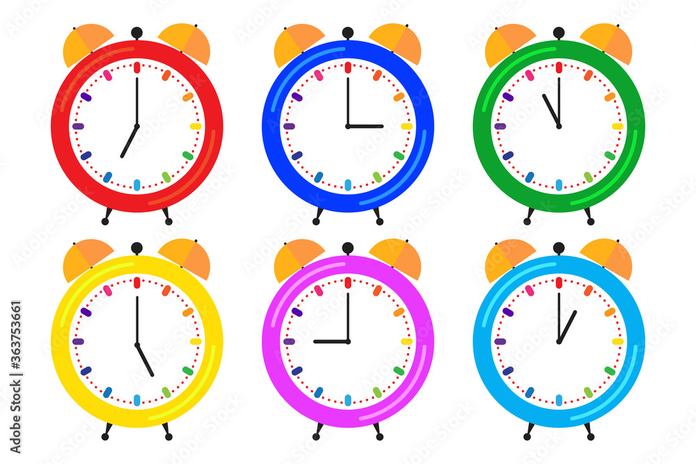 Poster vector illustration of an alarm clock. time icon. timer with a bell. classic multi-colored watch. ve