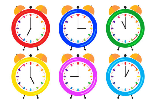 Vector illustration of an alarm clock. Time icon. Timer with a bell. Classic multi-colored watch. Vector image. Stock Photo.