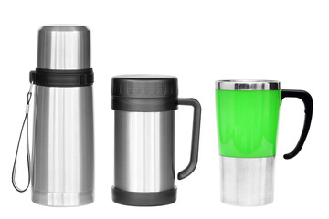 bottle thermos and thermos mug on white