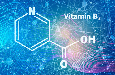 Structural chemical formula of niacin. Nicotinic acid or vitamin b3. Connected lines with dots background.