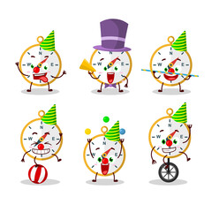 Cartoon character of compass with various circus shows