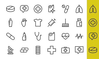 A simple set of medicine ICONS, contains medicine icons, pills, related vector line icons. thin lines, pain, syringe, lungs, microscope, cardiogram, virus and much more. Editable stroke.