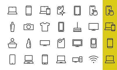 SMART devices and gadgets linear icons set, vector, contains icons computer, camera, laptop, phone, web devices, electronic appliances, and much more. Editable stroke