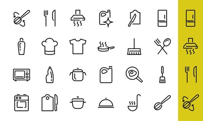 Naklejka premium Set of cooking and kitchen icons, Vector lines, contains icons such as frying pan, frying, microwave, fork with spoon, Editable stroke, perfect 480x480 pixels, white background.