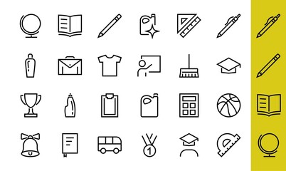 A simple set of school items. Contains icons such as student, award, geography, physical education, geometry and more. On white background. Editable stroke. 480x480
