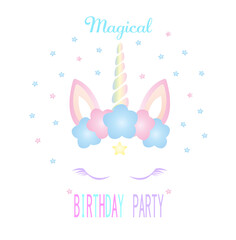 Cute card with the image of a unicorn for invitations or congratulations. 