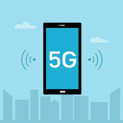 5G wireless network concept vector illustration. Urban city with service connection, internet of things. High speed connection flat design.