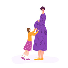 Pregnancy and motherhood concept - beautiful pregnant woman waiting for a baby. Happy mom and her little daughter, girl is expecting baby - Vector illustration for card, poster and more