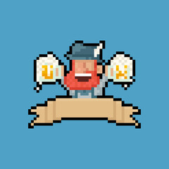 Pixel art cartoon portrait beard man holding double beer mug with ribbon.
