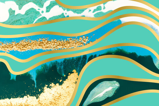 Blue, green and gold agate ripple pattern. Marble background with wave layers.