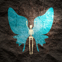 Human skeleton posing with wings of butterfly