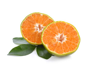 tangerine or mandarin fruit with leaves isolated on white background