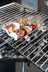 BBQ grilling meat with a bonfire outdoors