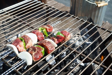 BBQ grilling meat with a bonfire outdoors