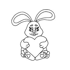 Hand drawn Easter Rabbit with gift and hearts in doodle, patterned bunny in zentangle tribal style for coloring pages, tattoo or artistically ethnic ornamental prints. Animal vector illustration. Hand