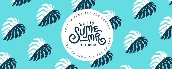 Summer banner design with Pattern pineapple retro style on blue background.Calligraphy summer holiday.