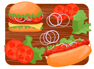 Hot dog and hamburger on a wooden cutting board. Ingredients for making a hot dog. Lettuce, tomatoes, onions, rolls. Fast food. Set of cartoon vector illustrations isolated on white background.