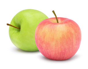 Two green granny smith and red pink fuji apples isolated on white background with clipping path. Full depth of field.