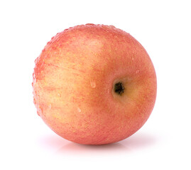 Closeup pink fuji apple with water drops isolated on white background. Clipping path. Full depth of field.