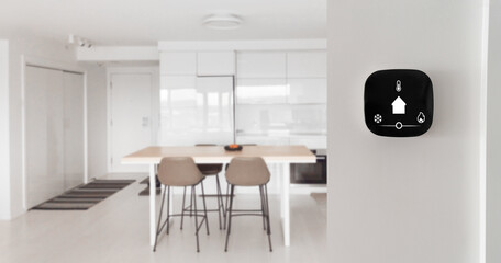 Smart home banner. IoT House automation domotics panoramic. Technology thermostat device with app...