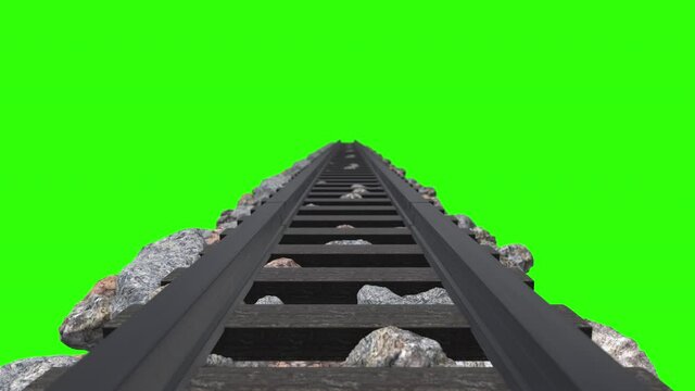 Seamless looping 3d animated train tracks on green screen in 4k resolution frontal view