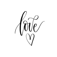 Fototapeta premium Love ink brush vector lettering. Modern slogan handwritten vector calligraphy. Black paint lettering isolated on white background. Postcard, greeting card, t shirt decorative print.