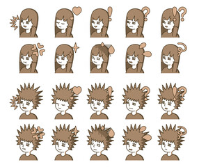 茶色の人物横顔イラスト　表情バリエーション 15