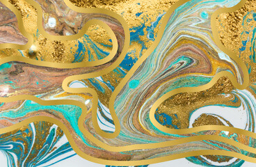 Blue and gold agate ripple pattern. Marble background with wave layers.