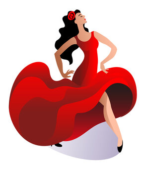 A slender woman in a red dress dances a passionate flamenco dance. Vector illustration.