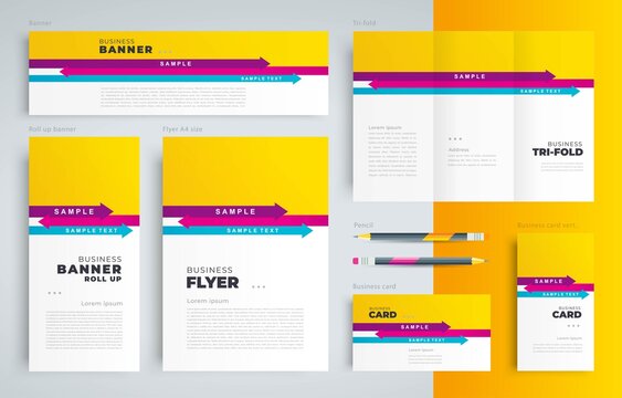 Arrows theme Set flyer cover, tri-fold, banner, roll up banner, business card yellow color