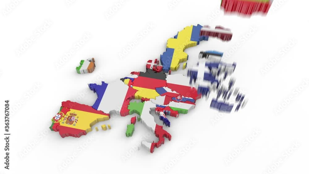 Poster map of the european union with the flags of its member countries, falling from top to bottom on a wh