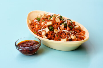 Schezwan paneer fried rice with schezwan sauce,Chinese fried rice with paneer,indo-chinese cuisine dishes. selective focus