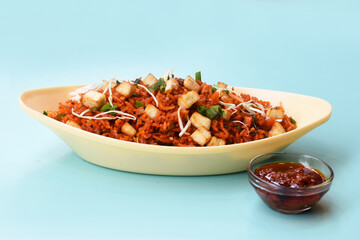 Schezwan paneer fried rice with schezwan sauce,Chinese fried rice with paneer,indo-chinese cuisine dishes. selective focus