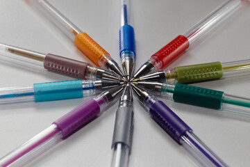 colored gel pens. Carousel of colored pens. colored gel pen tips.