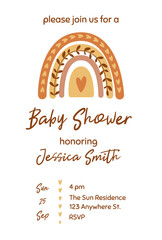 Boho baby shower invitation template with cute pastel rainbow. Gender neutral baby shower invite - obrazy, fototapety, plakaty