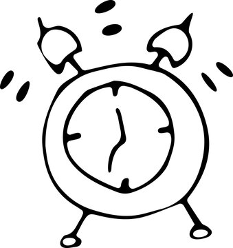 Vector illustration of a clock, alarm clock in the Doodle style. Black outline on an isolated white background. The concept of morning, rise, deadline, work. Can be used for fabric. books, paper