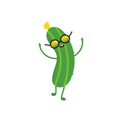 Cute vector cucumber cartoon character in cool sunglasses smiling, dancing, having fun.