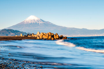 Scenic Seascape of Sea Wave and Fuji Mountain Background at Miho No Matsubara Beach, One of Tourist Destination in Shizuoka, Japan