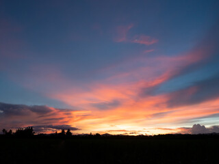Cloud and blue sky in magic hour at sunset, The horizon began to turn orange with purple and pink cloud at night, Dramatic cloudscape area with Silhouette of tree