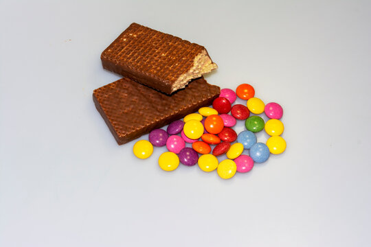 colorful chocolate candies, cookies and chocolate table
