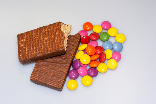 colorful chocolate candies, cookies and chocolate table