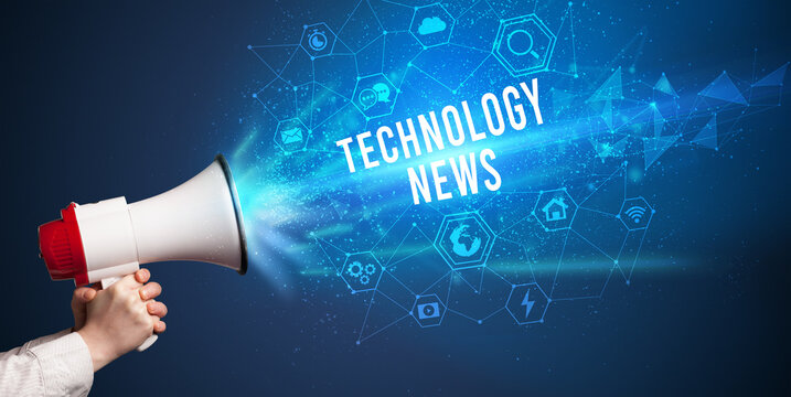Young woman shouting in megaphone with TECHNOLOGY NEWS inscription, Modern technology announcement concept